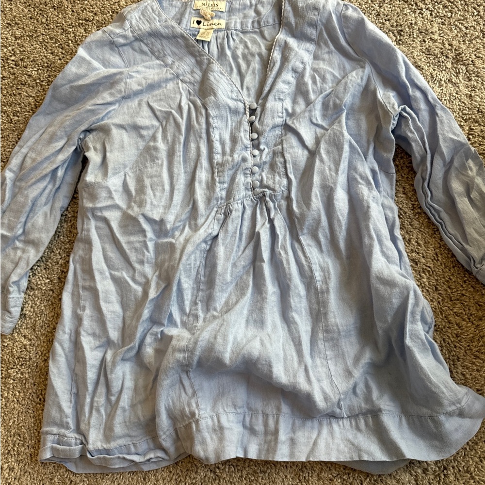 J. Jill Blue Blouse with 3/4 Sleeves and Mandarin Collar